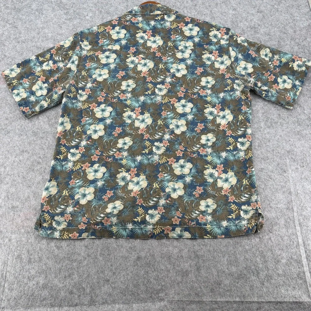 Wrangler Mens Blue Tropical Hibiscus Floral Short Sleeve Snap Pocket Shirt L